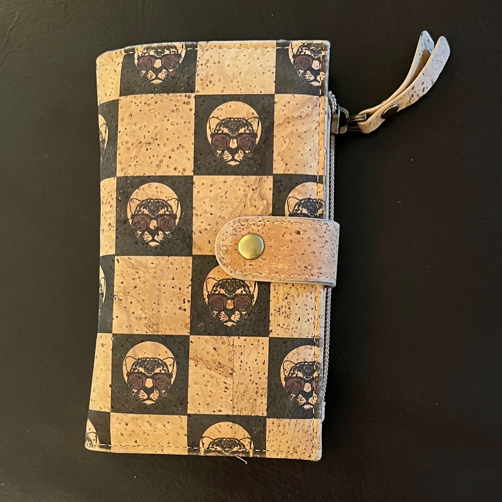 Checkered Cork Wallet with cool leopard face print